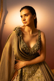 3D Coral Embroidered Moss Green Gown